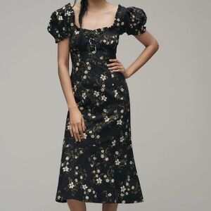 Anthropologie | Maeve Linen Blend Puff-Sleeve Sweetheart Midi Dress | Size: S